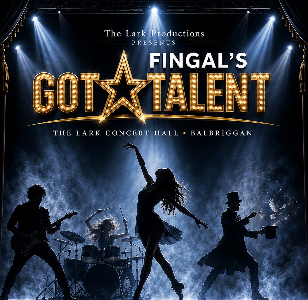 The Lark Productions presents Fingal's Got Talent, at The Lark Concert Hall, Balbriggan - silhouetted performers on a smoky, spotlit stage framed by velvet curtains